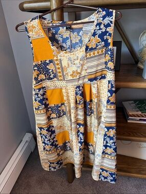 No Brand Yellow and Navy Patchwork Floral Midi Dress